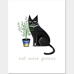 Cartoon black cat with a home flower in a pot and the inscription "Eat more greens". Posters and Art